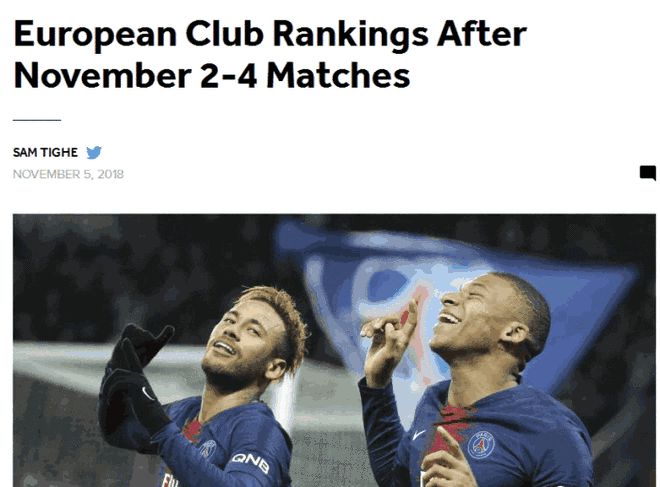 欧洲著名体育网站《露天看台》评选了欧洲俱乐部实力的排名